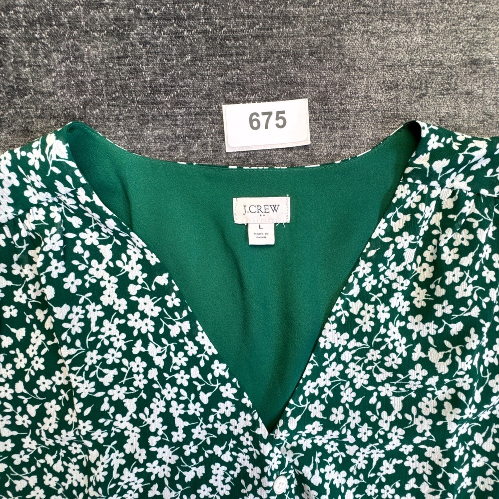 J.Crew Blouse Womens Large Green Floral Ditsy Puff Sleeve Button Front V-Neck - Picture 14 of 15